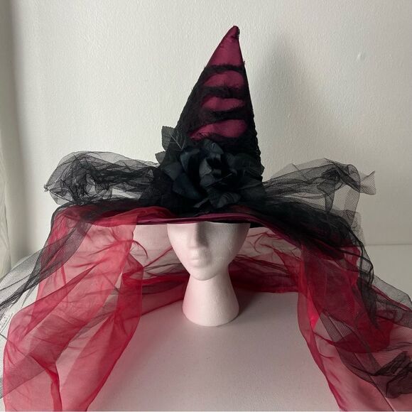 Halloween Red Black Mesh Witchy Hat Black Roses ‎ Whimsigoth Grunge Cosplay OS - Picture 2 of 10